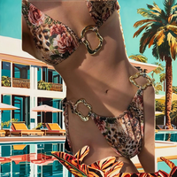 Bikini halter fait main à imprimé léopard et rose avec anneau en métal doré, string, maillot de bain deux pièces pour femme