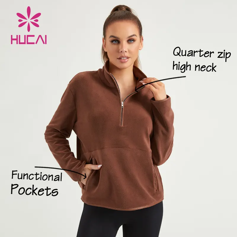 HUCAI Custom Logo Womens 1/4 quarter zip high neck reversible polar fleece lightweight sports gym sweatshirt