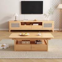 Ensemble table basse et meuble TV en bois massif de style nordique, design moderne et minimaliste, portes en rotin tressé écologiques pour salon