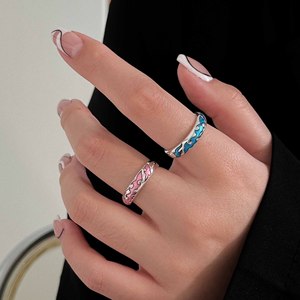 S925 Sterling Silver Cloisonne Enamel <b>Ring</b> Blue Pink Geometric Design <b>Adjustable</b> Unisex Everyday Wear Jewelry - Product Image 4