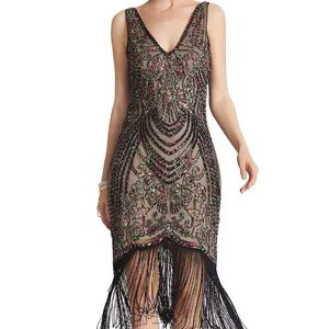 Womens 1920s Flapper Dress Vintage Long Fringe Dress Roaring 20s Sequins Beaded Dress