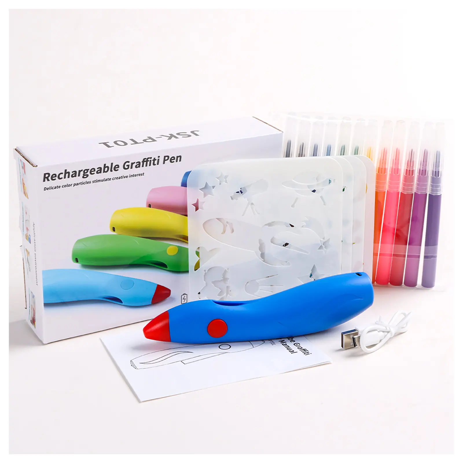 เครื่องพ่นแบตเตอรี่ปากกาพ่นสี12สีสำหรับเด็กปากกาพ่นสีแบบ DIY ของขวัญของเล่นเพื่อการศึกษาสำหรับวาดภาพ