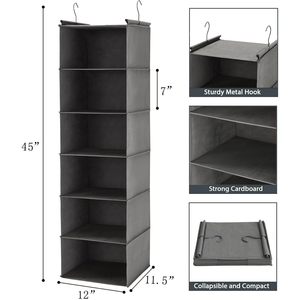 6 Tier Hanging Closet Organizer Grey Foldable Storage <b>Shelf</b> With 2 <b>Hooks</b> For Bedroom Use - Product Image 3