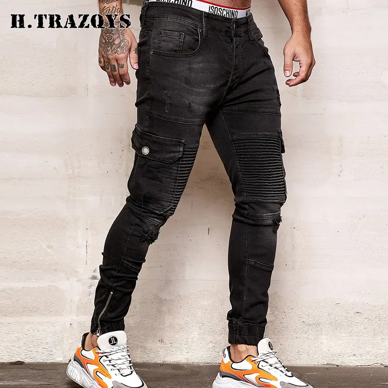 Streetwear di marca di alta qualità su ordinazione casual bike strappato nero skinny jeans mens