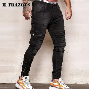 Streetwear branded high quality custom casual bike ripped black skinny jeans mens