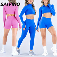 Ensemble de sport pour femme : Haut court raglan à demi-zip avec manches longues et empiècements pour pouces, et Leggings sculptants en V