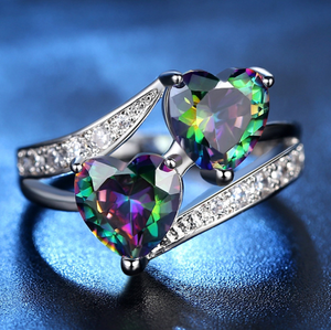 Bague Offre Spéciale luxe cuivre pierres précieuses bague de <span class=keywords><strong>doigt</strong></span> coloré Zircon bague dames Double coeur diamant fiançailles <span class=keywords><strong>doigt</strong></span> - Product Image 3
