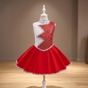 Red Children's Cheerleading Dress With Rhinestone Trim And <b>Pleated</b> <b>Skirt</b> - Product Image 3
