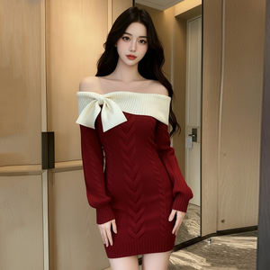 Robe moulante courte en tricot à manches longues avec nœud et épaules dénudées, style vintage américain, colorblock, pour les fêtes, les vacances, Noël, le Nouvel An - Product Image 4