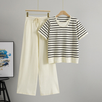Ensemble Femme T-shirt Tricoté Ample Rayé et Pantalon Couleur Unie Nouvelle Collection Été 2026 – Vente en Gros pour Boutiques