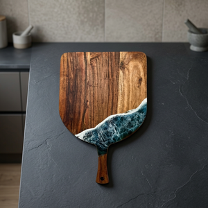 Planche à découper décorative écologique en bois et résine, design vintage, avec poignée de couteau, bord en agate, forme rectangulaire, épaisseur 1,5 cm, compatible lave-vaisselle - Product Image 1