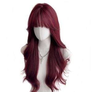 Perruque longue bouclée rouge <span class=keywords><strong>framboise</strong></span> avec frange, cheveux synthétiques doux et naturels, résistante <span class=keywords><strong>à</strong></span> la chaleur, pour femmes, pour la <span class=keywords><strong>vie</strong></span> quotidienne, les fêtes et le cosplay - Product Image 4