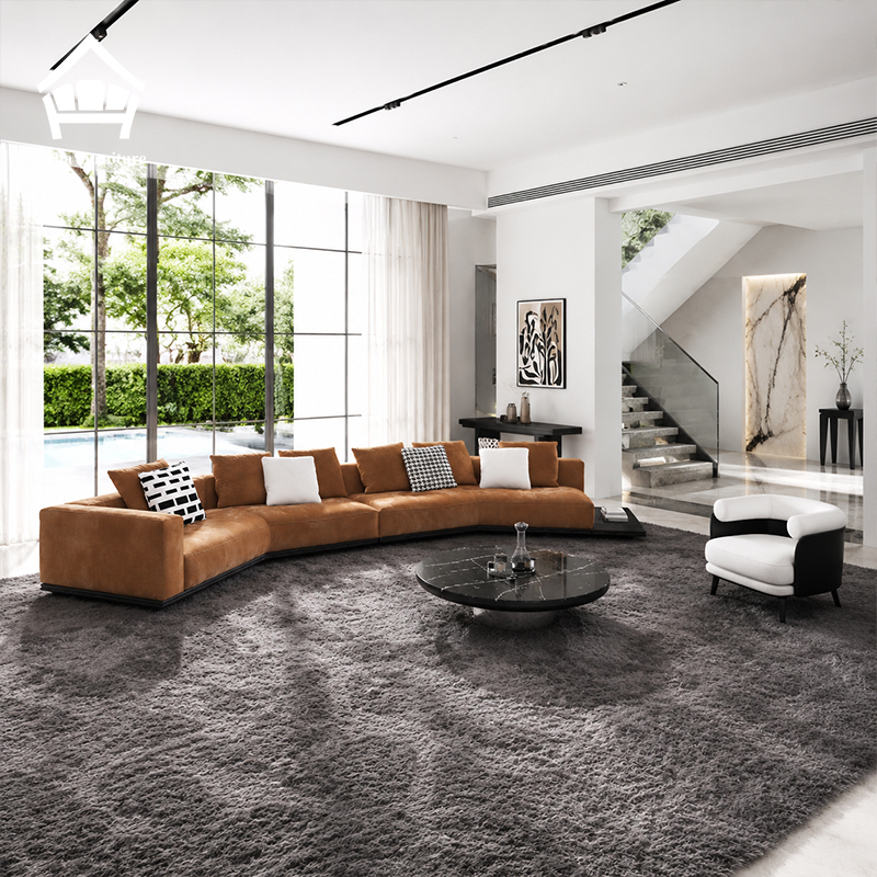 Minimalism Curved Sectional Sofa Modern Large Cognac Fabric Couch Villa Project Bespoke Architectural Designer Furniture Suite