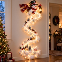 Décoration murale 3D de Noël avec Père Noël en train de voler sur un traîneau et rennes, cascade lumineuse LED, art mural étoilé de Noël en PVC
