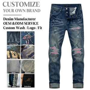 Jeans Hip Hop Y2K di Tendenza, Vestibilità Regolare, Denim Resistente, Patch in PU Rosa, Effetto Vissuto, Color Block, Abbigliamento Streetwear da <span class=keywords><strong>Uomo</strong></span> - Product Image 1