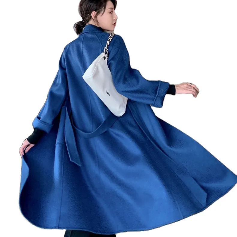 Tangada-manteau en laine de cachemire bleu pour femmes, vêtement Long et brodé, épais, à doublure, mode italienne, hiver 100%