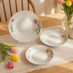 Plato hondo de cerámica contemporáneo con estampado de <span class=keywords><strong>tulipanes</strong></span> en <span class=keywords><strong>acuarela</strong></span>, tazón profundo para pasta con diseño floral colorido, apto para microondas, juego de vajilla. - Product Image 6
