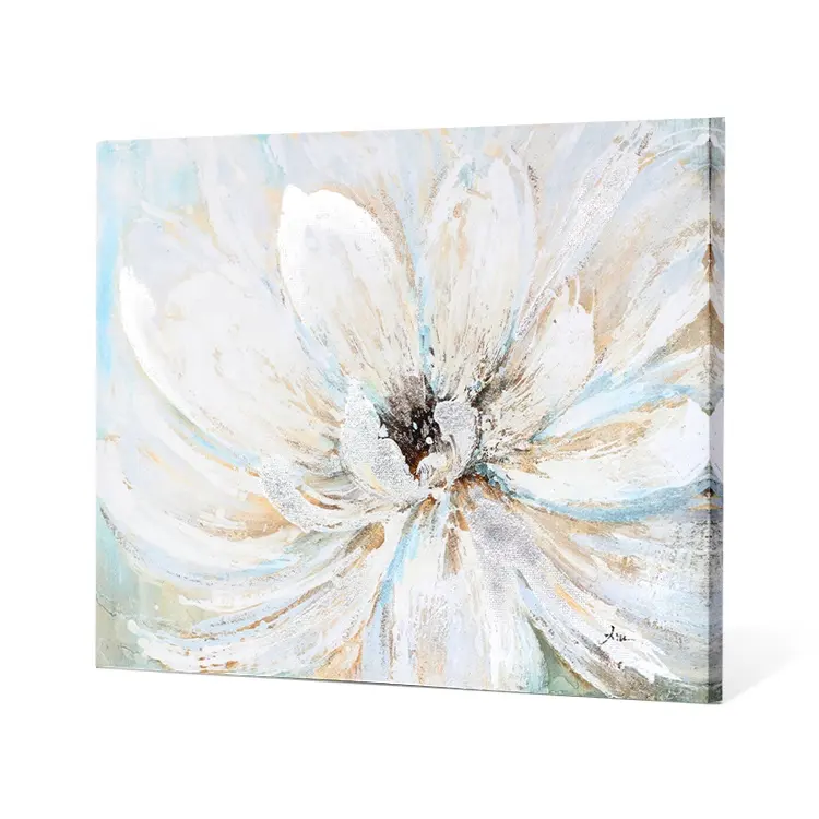 Hotel Decoration Handmade Gold Foil Beautiful White Flower Wall Hanging Canvas Oil Painting