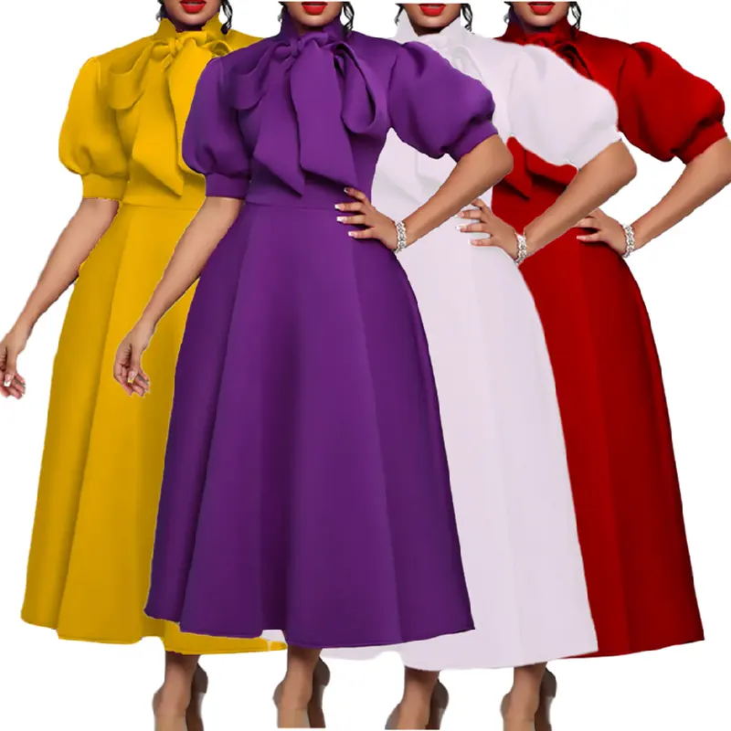 D235 2022 Latest Design Summer Banquet Dresses Women Lady Elegant Solid Color Bow Short Sleeve Party Dress Evening Dress