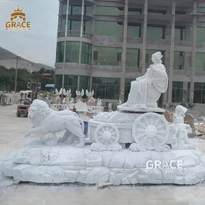 Beyaz mermer büyük boy kadın oturmak arabası aslan heykel taş figürü heykeli