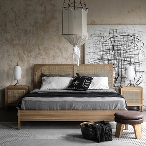 <span class=keywords><strong>Cama</strong></span> Doble Queen-Size de Madera Maciza de Estilo Japonés Wabi-Sabi <span class=keywords><strong>Minimalista</strong></span> Moderno con Tejido de Ratán, Procedente de China - Product Image 2