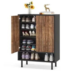 Zapatero de madera negra para muebles de sala de estar con puerta, armario de zapatos de almacenamiento de entrada moderno de 6 niveles