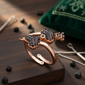 Heart Shape Design Black Zircon Stone Adjustable Ring Turkish Handmade Wholesale 925 Sterling Silver Jewelry - Product Image 3
