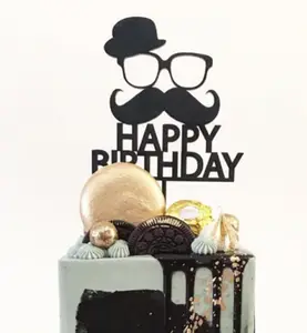 Décoration de gâteau à la mode pour la fête des pères, chapeau à moustache avec lunettes, en acrylique noir, garniture de gâteau, pour anniversaire des papas, vente en gros