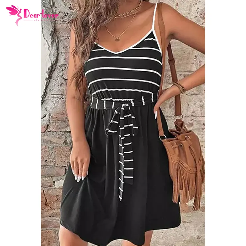2023 Fashion Girl Clothes Black Spaghetti Straps Striped Cami Sexy Women Dress