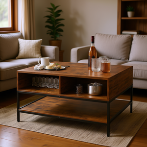 Table basse rustique 31.5 \ "en grain de bois Flip Top Farmhouse Compartiment de rangement caché Cadre en métal robuste Assemblage facile Nettoyage - Product Image 2