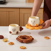 Tasse et soucoupe en céramique créatives en forme de biscuit de dessin animé, motif visage mignon, vaisselle pour le thé de l'après-midi
