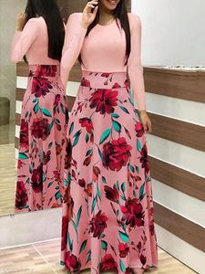 Bán Buôn Châu Âu Phong Cách Của Phụ Nữ Maxi Dress Dài Tay Áo O-Cổ Hoa In Căng Chắp Vá Đơn Giản Cộng Với Kích Thước Tự Nhiên Worsted - Product Image 3