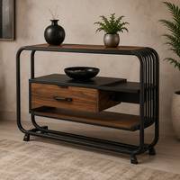 Table console industrielle avec finition en bois rustique et structure métallique pour entrée, salon, couloir et espaces commerciaux