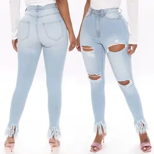 WJ051 ODM OEM Denim Brazilian Style Fringe Skinny Ripped Women Jeans Ladies Skinny Jeans High Waist