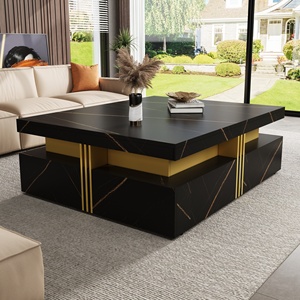 <b>Modern</b> <b>Black</b> Marble Square Storage <b>Coffee</b> <b>Table</b> with 4 Drawers Living Room Furniture - Product Image 1