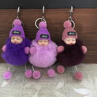 Porte-clés Pompon en Peluche Multicolore avec Logo Personnalisé, Mignon Renard en Fourrure, Poupée Bébé Dormant