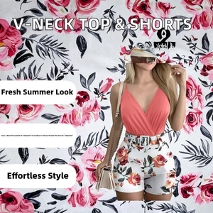 เสื้อกล้ามคอกลมผู้หญิงแบบใหม่ + กางเกงขาสั้นพิมพ์ลาย ชุดลำลองสำหรับฤดูร้อน สวมใส่ได้ทุกวัน ความยาวเหนือเข่า - Product Image 2