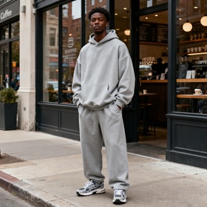TKAN260D personnalisé 3D broderie hommes grande taille ample 100% coton goutte épaule avec poche à capuche à manches longues ensemble - Product Image 1