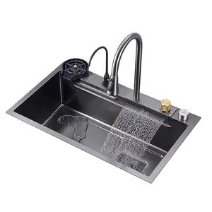 批发甲板安装厨房水龙头智能瀑布厨房水槽排水单碗不锈钢厨房水槽