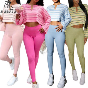 Conjunto de Moda Jiubaju com Estampa de Listras, Blusa de Manga Longa com Decote em V e Calças Justas para Mulheres - Product Image 1