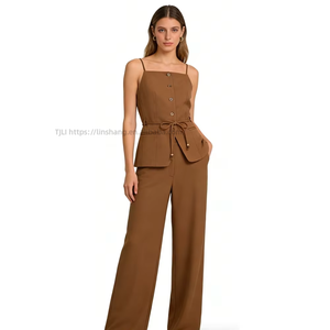 Ensemble deux pièces pour femme : débardeur et pantalon large, avec boutons sur le devant, style peplum, ceinture, tenue décontractée et élégante pour le bureau - Product Image 1