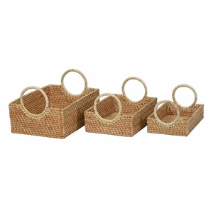 Set 3 Natural Handmade Eco-friendly Durable Lacquer Finish <b>Rectangular</b> Rattan Woven <b>Baskets</b> Handles Food-Safe Multifunction - Product Image 1