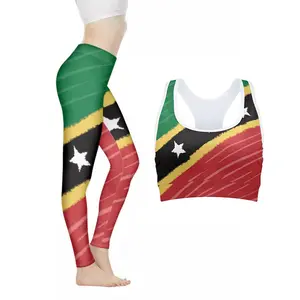 Ropa de gimnasio de entrenamiento con estampado de bandera de Saint Kitt y Nevis, conjunto de Yoga de secado rápido para mujer, chaleco deportivo con logotipo personalizado y mallas, trajes de fábrica
