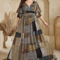 Robe décontractée longue en mousseline fluide à col en V, imprimé patchwork aquarelle aléatoire, taille plissée et manches à volants, grande taille, collection Printemps/Été