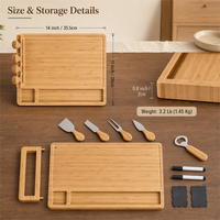 Planche à fromage en bois avec rangement pour couteaux, planche en bambou avec 4 outils à fromage en acier inoxydable pour charcuterie, service de fête et usage domestique