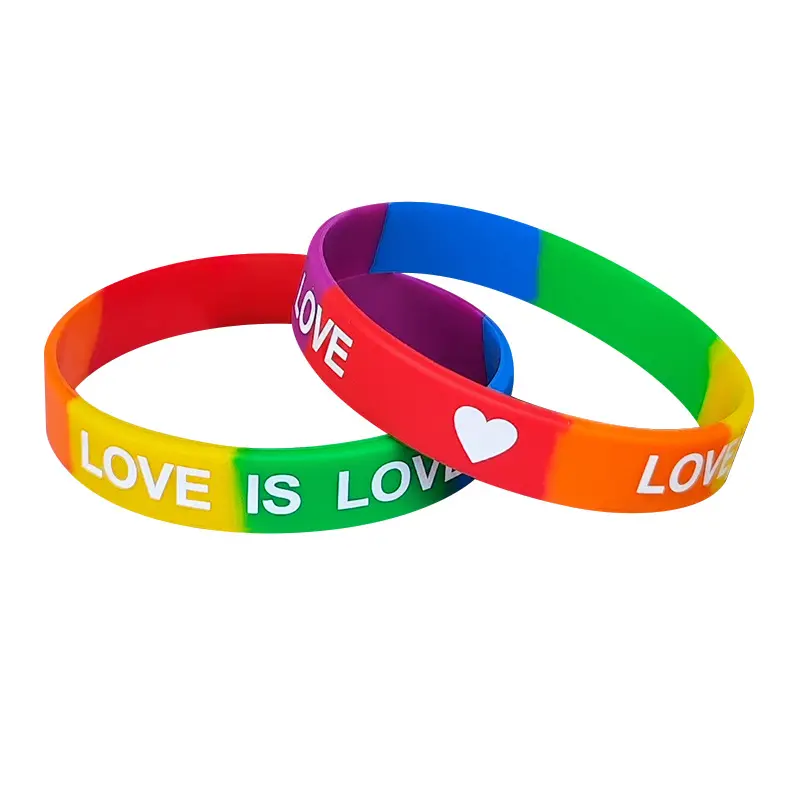 Pulseira de silicone barata com pulseira de amor impressa de alta qualidade Amor é amor pulseira de festa tema personalizada em cores segmentadas