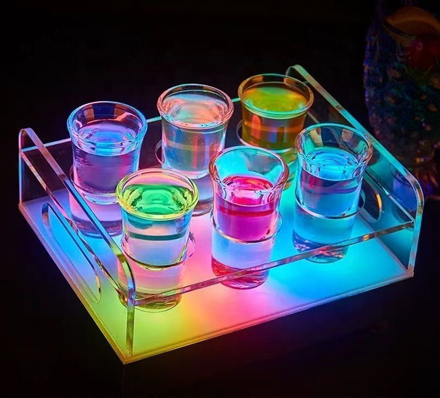 Led 6 Holes Colorful Acrylic Wine Bottle Service Tray Led Shot Glasses Rack Cocktail Cup Holder for Night Club Table