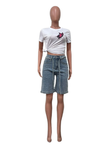 Set Casual da <span class=keywords><strong>donna</strong></span> due pezzi Sexy Crop Top abbinamento strass dritti in Denim lavato al ginocchio pantaloncini <span class=keywords><strong>Cargo</strong></span> - Product Image 6