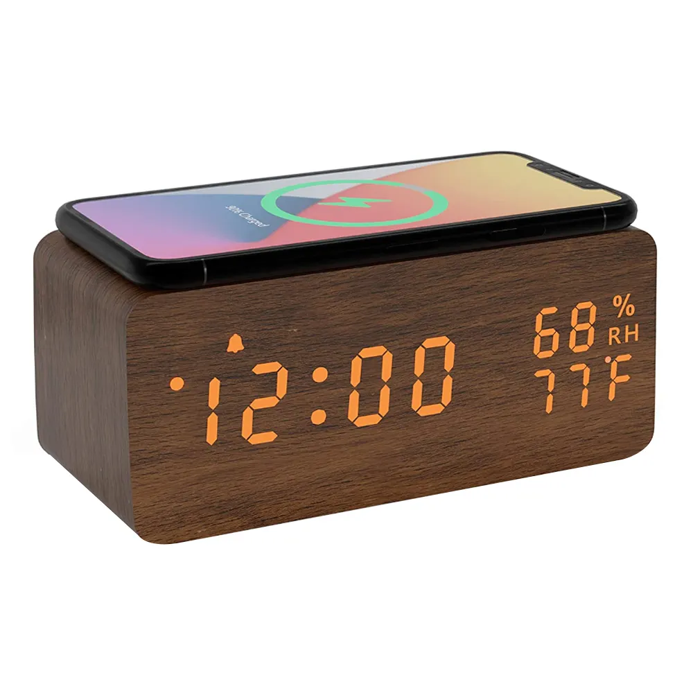 Custom LOGO wooden digital wireless charge alarm led clock