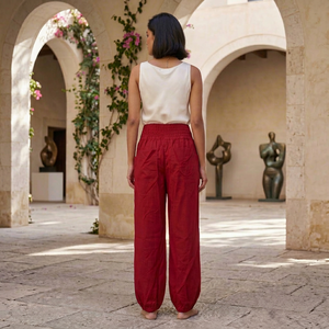 Women's High Waist Wide Leg Red Harem <b>Pants</b> 100% Cotton Loose Fit Full Length Button Regular Fit Casual <b>Summer</b> Style - Product Image 2